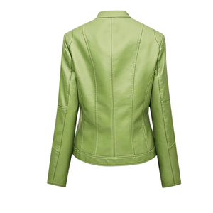 Chaqueta de Motocicleta de Cuero PU Verde para Mujer, Cuello Alto, Manga Larga, Cierre de Cremallera, Color Sólido, Estilo Motero, para Otoño - Product Image 1