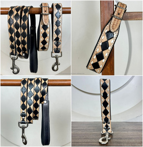 Hand Tooled Checkered Leather Pet Dog & Cat Leash 3-Piece Set Custom Design with OEM ODM Eco-friendly Materials for Dog Walking - Product Image 3
