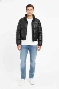 Blouson matelassé noir en PU pour homme, col montant, fermeture éclair, coupe-vent, épais, matelassage, vêtement d'extérieur d'hiver décontracté, longueur courte - Product Image 4