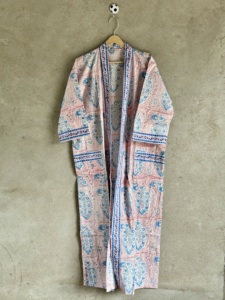 Block Print Cotton <b>Kimono</b> Robe <b>Long</b> Sleeve Floral Beach Cover Handcrafted V-neck Full-Length Belted Spring Resort Wear Front - Product Image 2