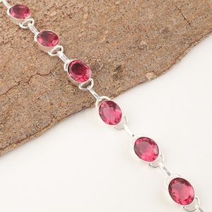 Pulsera de Plata de Ley 925 con Turmalina Rosa y Eslabones Ovalados de Latón, Joyería de Moda para Mujer - Product Image 3