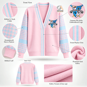 Chemise d'hiver pour femme Gamma Phi Delta Sorority, rose, brodée, boutonnée sur le devant, bordure côtelée, style preppy, manches longues. - Product Image 5