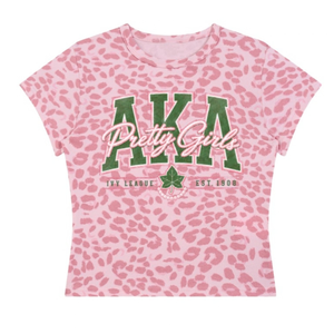   Camiseta Corta con Estampado de Leopardo Rosa y Verde para Mujer, Camiseta de Manga Corta con Letras Griegas, Top Informal de Moda para el Verano - Product Image 1
