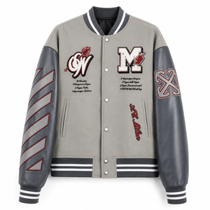 <b>Men's</b> Gray PU Varsity <b>Jacket</b> with Embroidered Logo and Lettering Preppy Style Autumn Wear - Product Image 1
