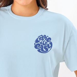 Fashionable Women Light Blue Shoulder Drop Crew Neck <b>T</b>-<b>Shirt</b> 100% Cotton Short Sleeve Casual Cartoon Print Regular Fit Spring - Product Image 3