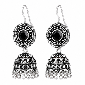 Pendientes Jhumka de Plata Oxidada con Piedra Negra, Hechos a Mano, Estilo Boho Tribal Étnico, Joyería de Moda, Regalo para Mujer - Product Image 1
