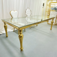 Table à manger en verre épais avec pieds bombés dorés en acier inoxydable, table de banquet de luxe pour mariage