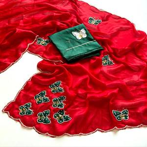 Sari VASTRA COTTAGE de satén puro hecho a mano con diseño de mariposa Khatli Moti Katdana, sari de diseñador totalmente hecho a mano para fiestas. - Product Image 2