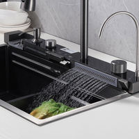 Évier de cuisine intelligent OKL E 304 en acier inoxydable fait main, multifonction, noir, à encastrer, moderne, avec fonction cascade et bec extractible
