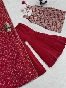 Designer Maroon Embroidered Kurti with Pleated Sharara and Heavy Embroidered Dupatta Ethnic Party Wear Sharara Suit Set - Product Image 2