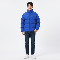 Blouson matelassé unisexe en toile bleue, col montant, fermeture éclair, imperméable, coupe-vent, polyester standard, hiver, décontracté, devant