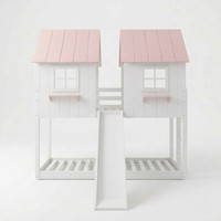 Lit superposé moderne pour enfants, design maison, en bois massif, taille double, avec toboggan, style scandinave, écologique, convertible, fabriqué au Vietnam, P.D.T.