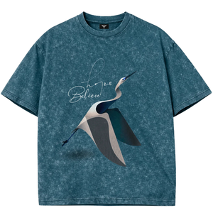 T-shirt en jersey pour homme à imprimé numérique, délavé à l'acide, motif grue, col rond, manches courtes, style décontracté vintage streetwear en coton pour l'été - Product Image 1
