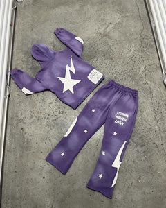 Acid Washed Vintage Winter Unisex Streetwear Tracksuit Distressed Patch Cut Hooded Solid Patchwork Flare <b>Sweatpants</b> <b>Set</b> - Product Image 5