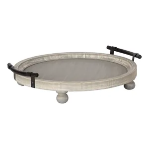 Round Metal Serving Tray with <b>Black</b> Handle and Ball Feet Minimalist Design Flat <b>Plate</b> Durable Solid Color - Product Image 1