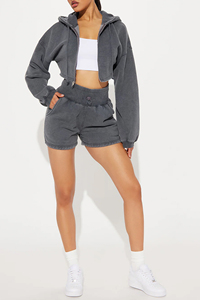 Women's Acid Wash <b>Distress</b> Crop <b>top</b> Hoodie Shorts Set Full Sleeve Zipper Gray Color Casual Tracksuit set summer set - Product Image 4