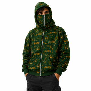 Custom Green Halloween Full Zip Face Mask Hoodie All Over Pumpkin Bat Print Oversized Streetwear Hoodie Unisex Winter Fashion - Product Image 1