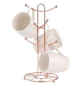 Support à tasses en métal or rose avec tasses en céramique, style rustique, artistique, artisanal, minimaliste, moderne, pour cuisine, salle à manger, maison, bureau, organisateur - Product Image 1