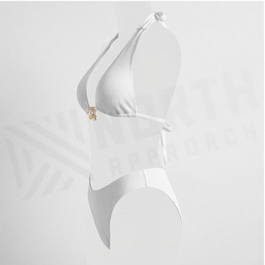 <b>White</b> Ribbed Halter <b>Bikini</b> <b>Set</b> With Gold Jewelry Decoration For Women - Product Image 3