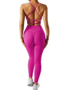Conjunto de Yoga de 2 Piezas con Cintura Alta y Detalles en Rosa, Top Corto y Leggings Largos, Espalda Cruzada, Ropa Deportiva sin Costuras para Mujer - Product Image 4