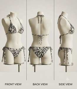 Conjunto de Bikini Halter para Mujer con Estampado de Olas, Parte Inferior con Lazos Laterales, Poliéster de Secado Rápido, Cordón Ajustable, Corte Regular, Estampado Digital Elástico - Product Image 4