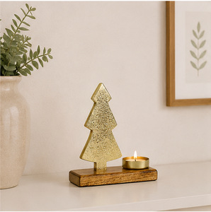 Handcrafted Gold Metal Christmas Tree <b>Tea</b> Light Holder On Mango Wood Base Modern Tabletop Centerpiece For Holiday Home Decor - Product Image 6