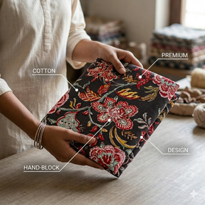 Tela de Algodón Premium Negra con Estampado Floral Hecho a Mano |   Textil Artesanal Monocromático Orgánico para Vestidos Boho y Prendas de Lujo - Product Image 6