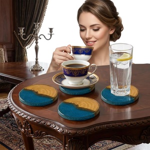Ba Wood Resin Classic Eco-Friendly Durable Coaster Set <b>Round</b> Handmade Blue and Natural Finish 4 Piece <b>Mats</b> & Pads - Product Image 2
