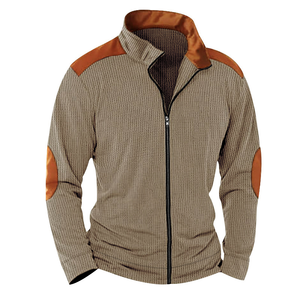 Men's White Sporty Racer <b>Jacket</b> With <b>Brown</b> Color Blocking Stand Collar Zipper Closure Knitted Polyester Autumn Wear - Product Image 6