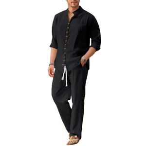 2025 Spring and autumn <b>Cuban</b> style fashion <b>men's</b> <b>shirt</b> trend casual multi-button stand collar loose long sleeve pants beach suit - Product Image 4