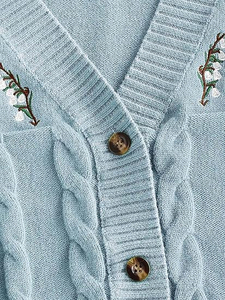 Cardigan en tricot vert pour femme, col en V, manches longues, broderie vintage, haut d'automne - Product Image 6