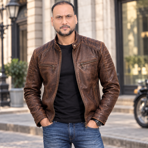 Veste moto en cuir véritable marron pour homme, col montant, fermeture éclair, coupe classique, style automne - Product Image 1