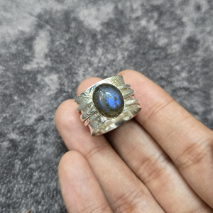 Vintage Look Labradorite Bezel Set Oval Spinner <b>Ring</b> Handmade Silver Plated Brass Meditation Boho Gemstone <b>Statement</b> Unisex - Product Image 4