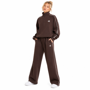 Contrast Piping <b>Women's</b> Pullover Mock Collar <b>Quarter</b> <b>Zip</b> Hoodies & Wide Sweatpants Sets Bulk Manufacturer Custom Logo Fleece OEM - Product Image 4