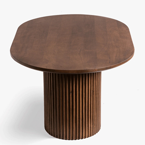 Table basse moderne en bois de manguier massif avec plateau ovale, base à motifs sculptés Linn et finition marron, style décoration intérieure - Product Image 4