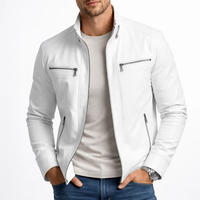 Veste de motard minimaliste blanche de qualité supérieure pour homme, coupe ajustée élégante, finition en polyester et nylon lisse, fermeture éclair moderne sur le devant