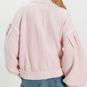 Cárdigan de punto rosa premium con costuras interiores y exteriores para mujer, casual, cuello redondo, manga larga, color sólido, con botones frontales, suéter holgado. - Product Image 2