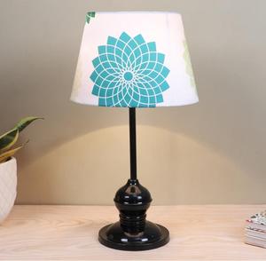 Modern <b>Table</b> <b>Lamp</b> With blue flower Fabric Drum Shade Warm White Light Metal <b>Base</b> For Bedroom Decorative Lighting - Product Image 3