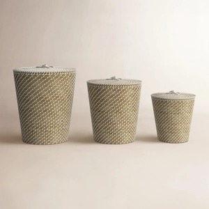 Set of 3 nesting round seagrass <b>baskets</b> with lids Handmade <b>Storage</b> <b>Basket</b> Wholesale eco-friendly Made in Vietnam - Product Image 1