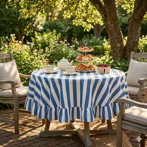 Nappe en coton imprimée à la main, rayures bleues et blanches, ourlet à volants, vendeur indien - Product Image 1