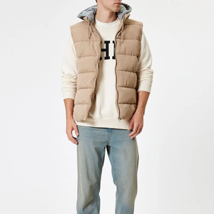 Gilet matelassé beige à capuche pour homme, en polyester, fermeture éclair intégrale, sans manches, chaud, coupe-vent, respirant, de haute qualité, pour l'hiver - Product Image 1