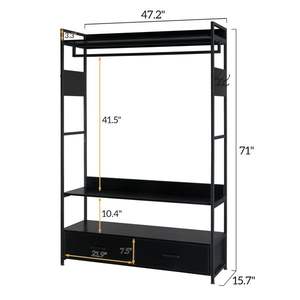 Armoire de rangement autoportante noire en métal robuste pour chambre à coucher avec penderie et multiples étagères de rangement - Product Image 5