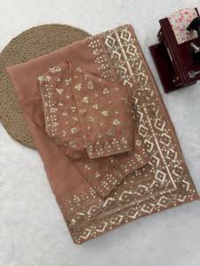 Sari indio premium de última moda para fiestas, tela de seda Tibby con trabajo de lentejuelas multicolor, sari de diseñador para ocasiones festivas y elegantes para mujer. - Product Image 5