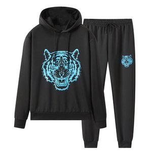 Ensemble de survêtement noir à capuche pour homme, très demandé, avec imprimé tigre bleu, manches longues, joggers décontractés, poches latérales, pour l'automne - Product Image 2