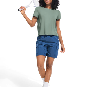 T-shirts de sport pour femmes en soie glacée à manches courtes, tendance et élégants, séchage rapide, col bateau, coupe ample, pour la course à pied - Product Image 6
