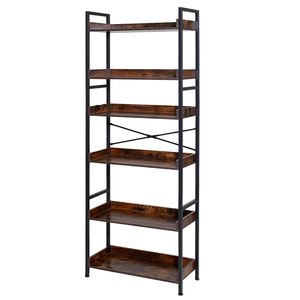 Libreria Industriale Vintage in Rovere a 6 Ripiani con Struttura Metallica Aperta, Scaffale a Scala per Libri, Organizzatore di Libri - Product Image 1