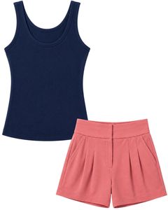 Manufacturer Custom Navy Blue Tank <b>Top</b> With <b>Rose</b> Pink Shorts Women Summer Casual Two Piece Set Sleeveless Lounge Wear Outfit Set - Product Image 1