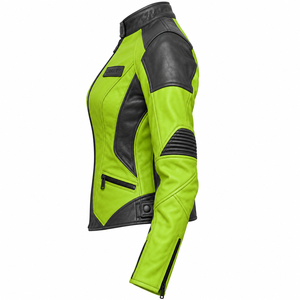 Neon Green Leather Jacket <b>Womens</b> Black Panel Stand Collar Biker Fitted Zip Sleeve Custom Racing Track <b>Outerwear</b> Coat Top - Product Image 4