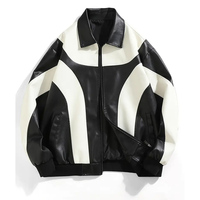 Blouson Aviateur Moto Unisexe Personnalisé Oversize en Cuir PU Noir et Blanc Respirant Coupe-Vent avec Fermeture Éclair et Patchwork
