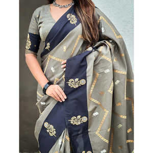 Dusty Concept Grey Soft Silk Zig Zag Zari Woven Saree Elegant <b>Party</b> <b>Jumpsuit</b> - Product Image 5